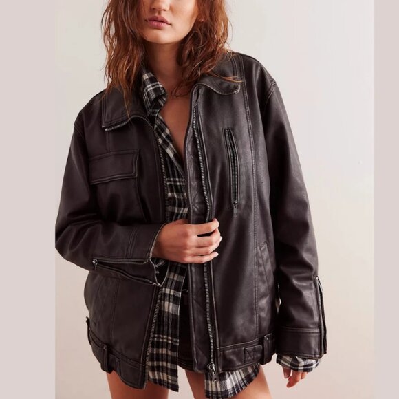 Free People Buckle Up Vegan Leather Moto Jacket Black Oversized Zip - Picture 1 of 15